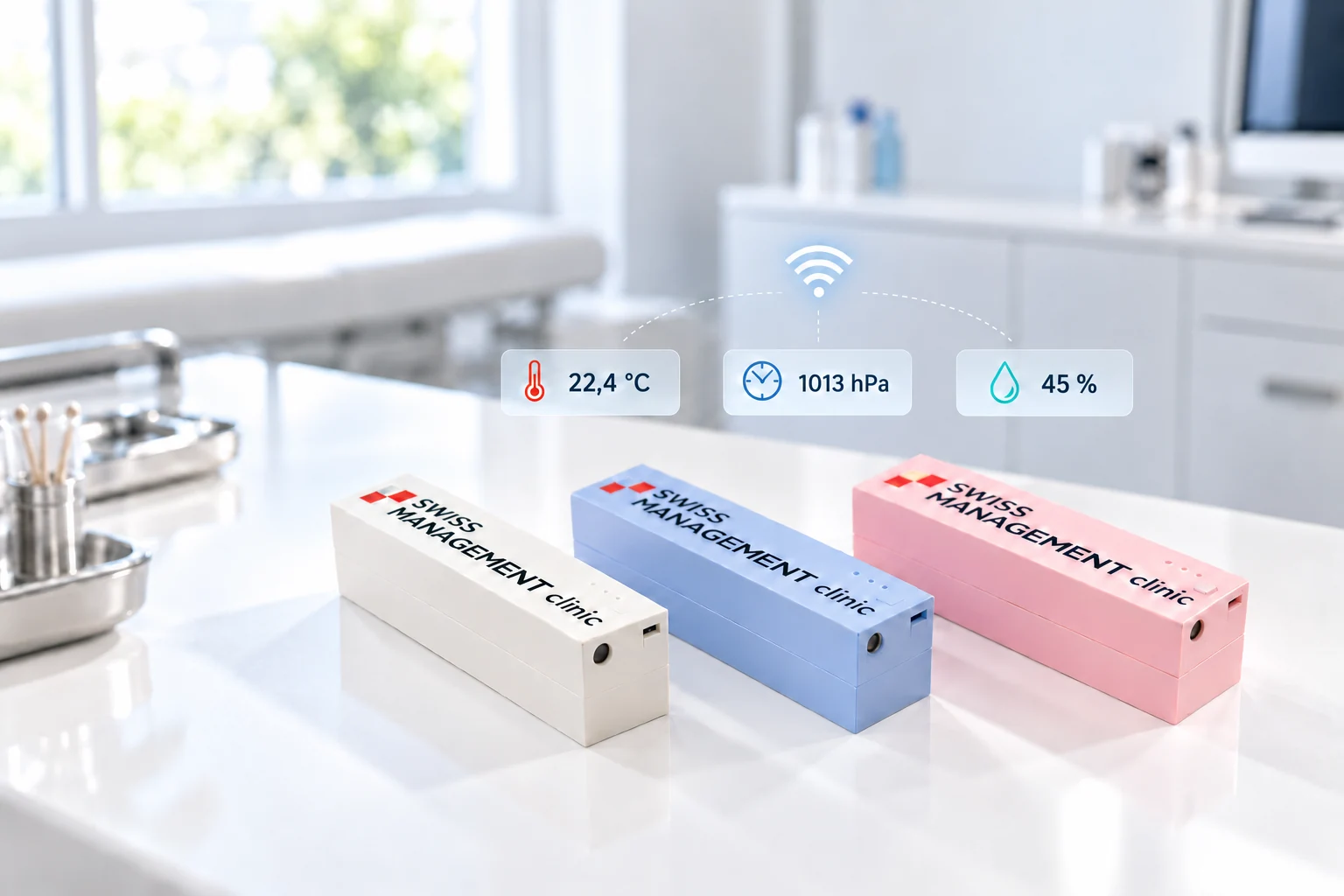 Automatické Wi-Fi teploměry Swiss Management v bílé, modré a růžové variantě